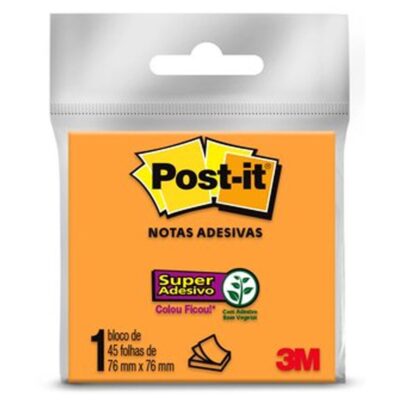 Bloco Notas Adesivas Post It 76mmx76mm Com 45 Folhas - Laranja Neon