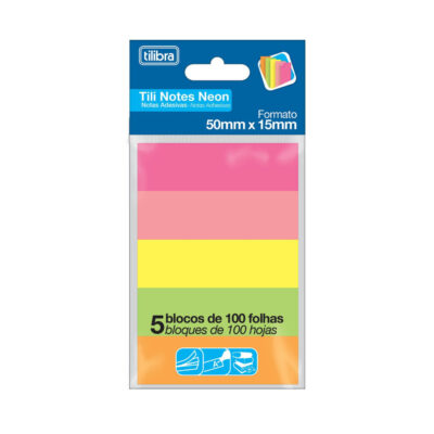 Bloco Notas Adesivas Post It Tili Notes 50mmx15mm Com 100 Folhas Cada Bloco - 5 Cores