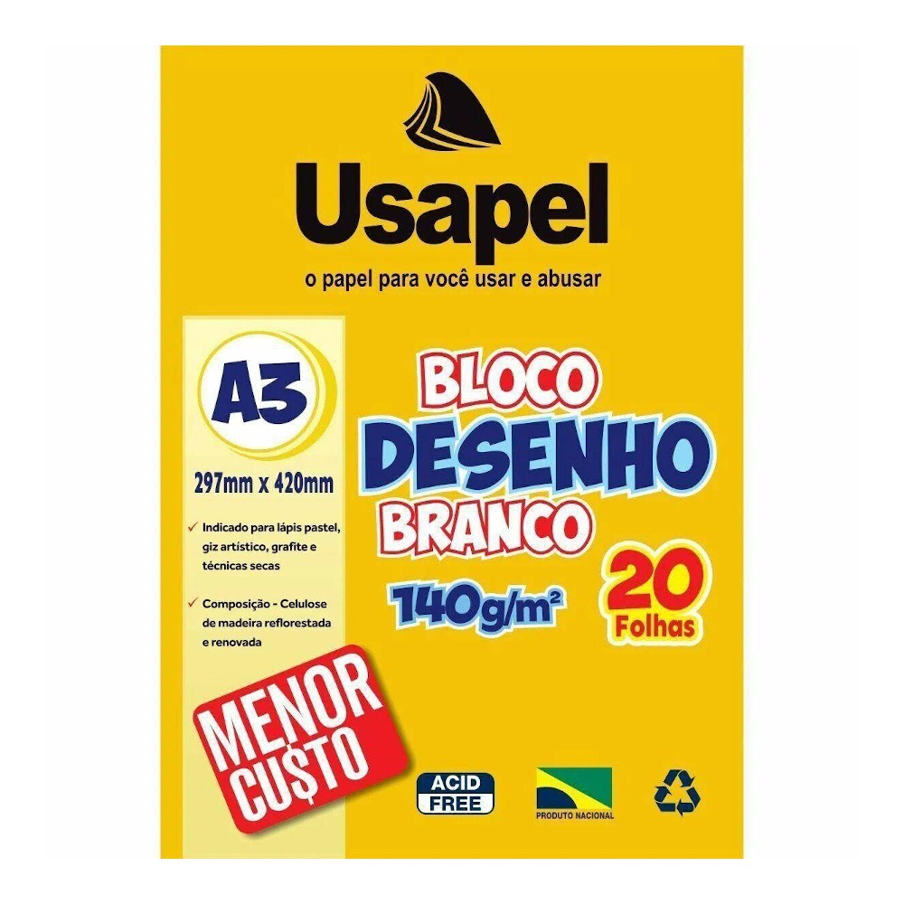 Bloco Desenho A3 Com 20 Folhas 140g - Branco Bloco Desenho A3 Com 20 Folhas 140g - Branco