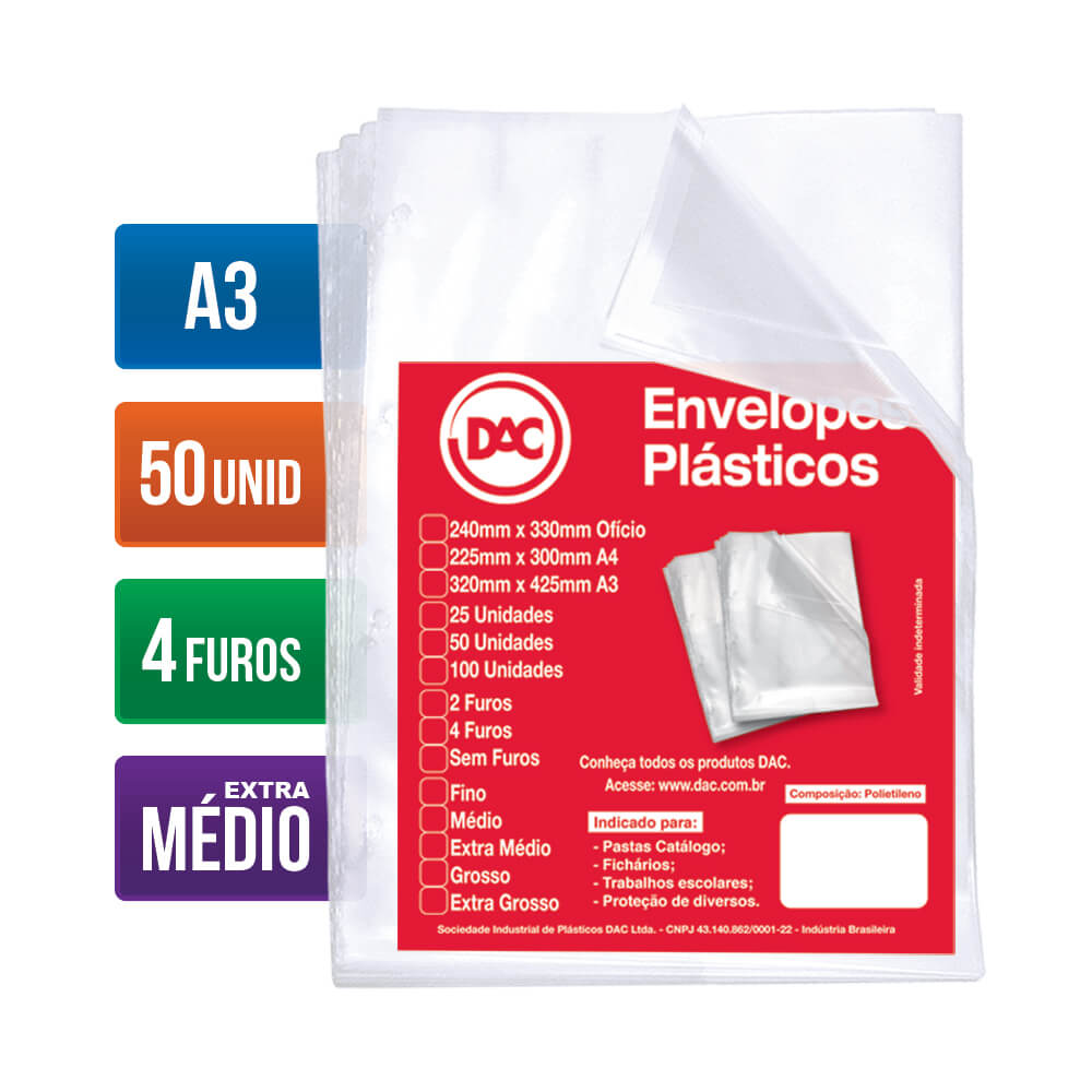 Plástico 4 Furos A3 Com 50 Unidades - Extra Médio Plástico 4 Furos A3 Com 50 Unidades - Extra Médio