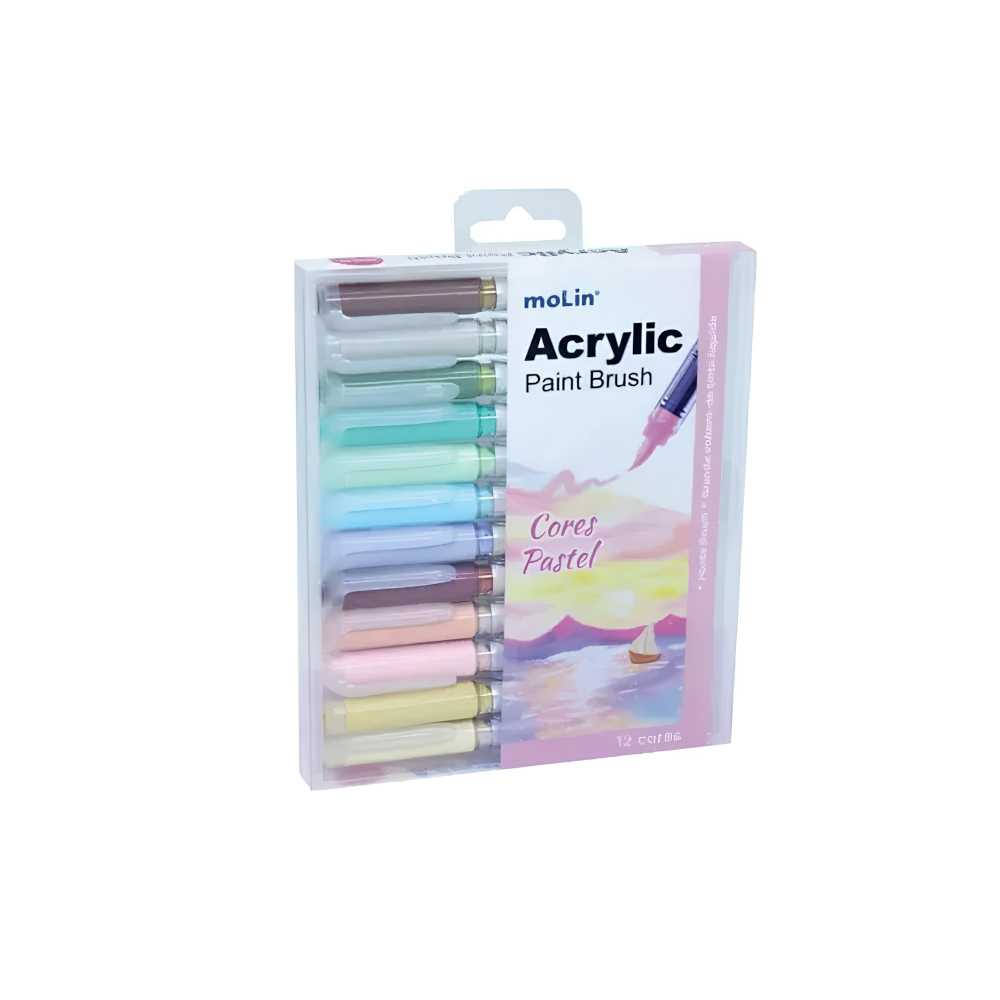 Marcador Artístico Brush Acrylic Com 12 Cores Pastel Marcador Artístico Brush Acrylic Com 12 Cores Pastel