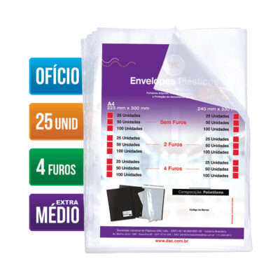 Plástico 4 Furos Oficio Com 25 Unidades Extra Médio - 240x330mm Plástico 4 Furos Oficio Com 25 Unidades Extra Médio - 240x330mm